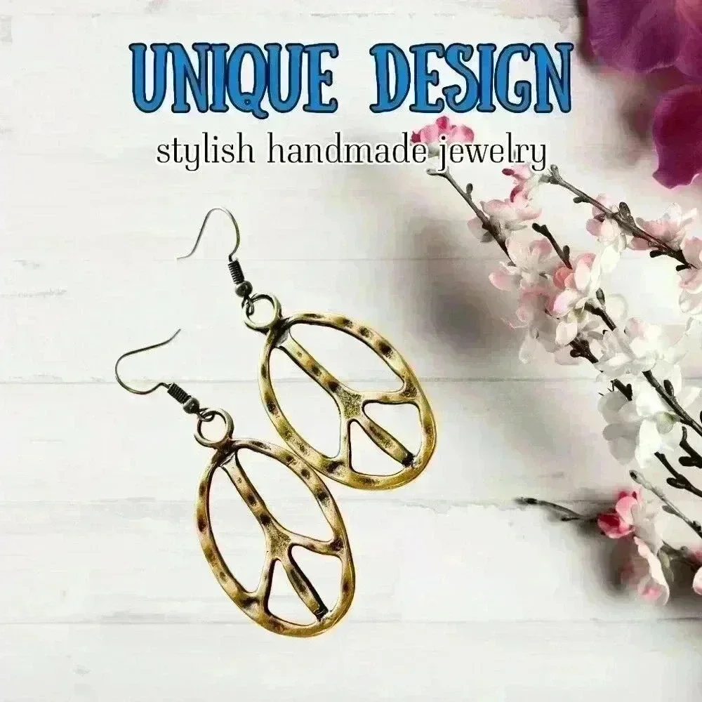 Peace sign hippie earrings hippy accessories bronze tone bohemian retro jewelry